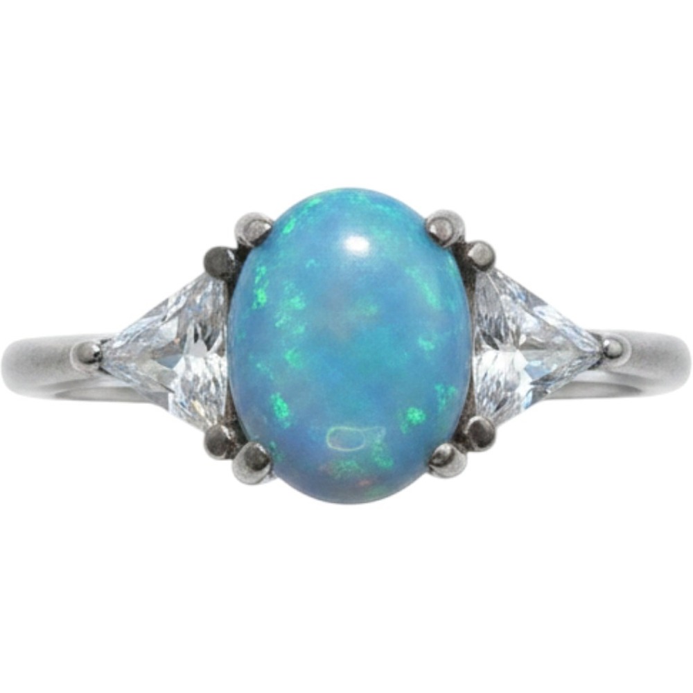 Sterling Silver‎ 925 Blue Opal Trillion CZ Three Stone Ring Size 6.25 Oxidized